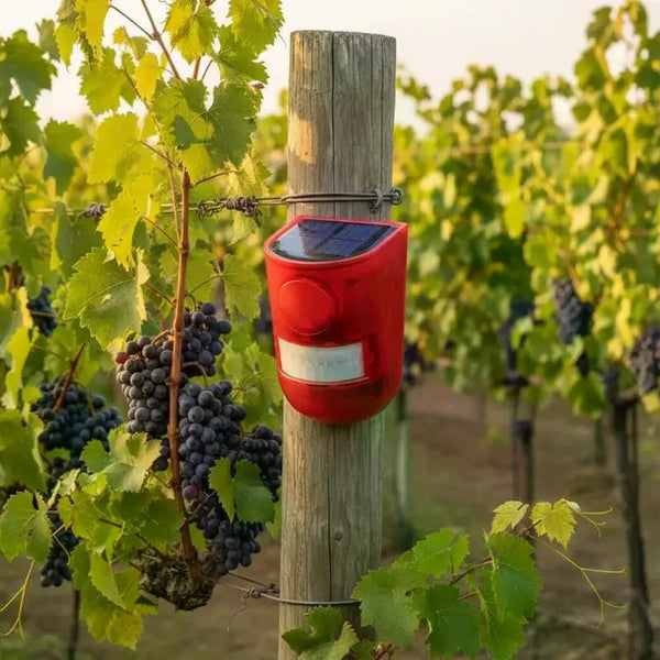 Red solar motion siren on a wooden post among grapevines, with no wiring running to it