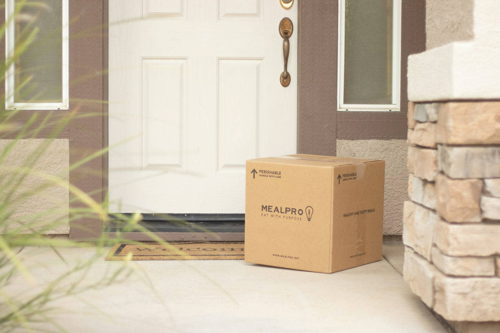 Cardboard delivery box waiting beside a white front door