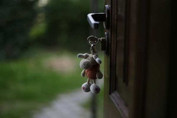 A house key left in the outside lock of a wooden front door, a small plush keyring hanging from it, garden path behind