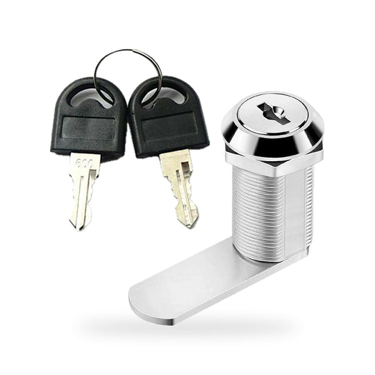 Keyed chrome cabinet and drawer cam lock with its 2 keys on a white background