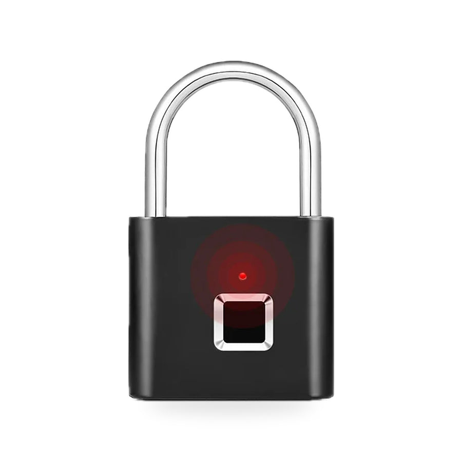 Black keyless fingerprint padlock with a silver shackle and a square fingerprint sensor on a white background