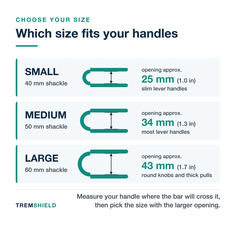 French door security bar size chart: Small 25 mm opening for slim levers, Medium 34 mm for most levers, Large 43 mm for knobs
