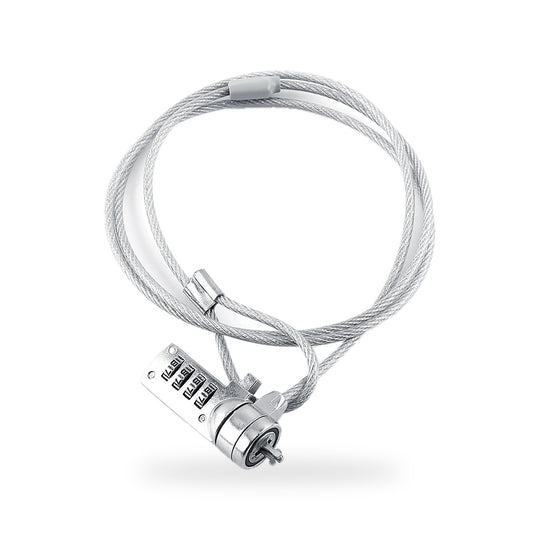 Laptop cable lock: a coiled steel cable with a loop and a 4-digit combination lock head, on a white background