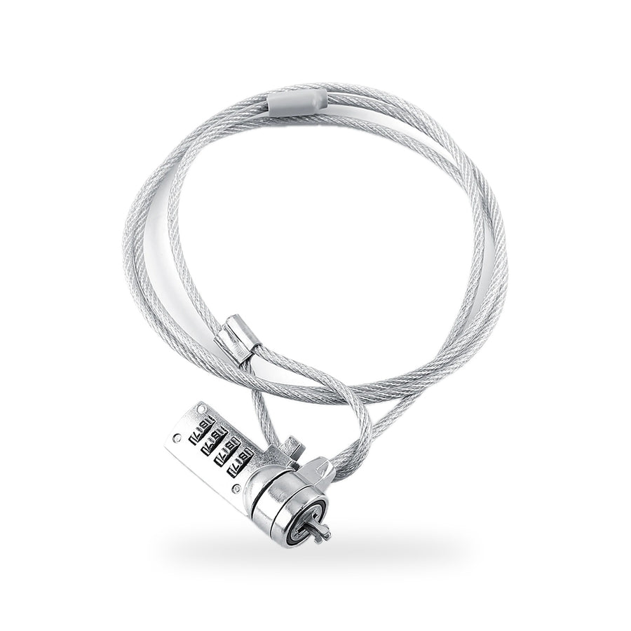 Laptop cable lock: a coiled steel cable with a loop and a 4-digit combination lock head, on a white background