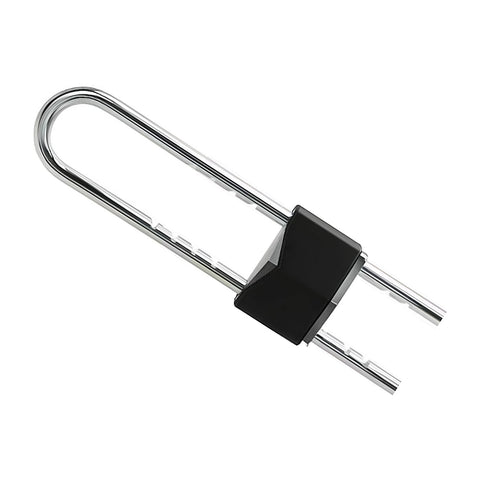 French door security bar: a chrome U-shaped bracket with two notched rails and a black keyed locking body clamped across them