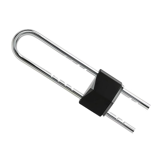 French door security bar: a chrome U-shaped bracket with two notched rails and a black keyed locking body clamped across them