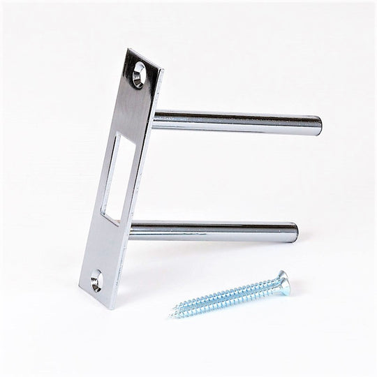 Chrome two-post door strike plate with long steel posts and mounting screw