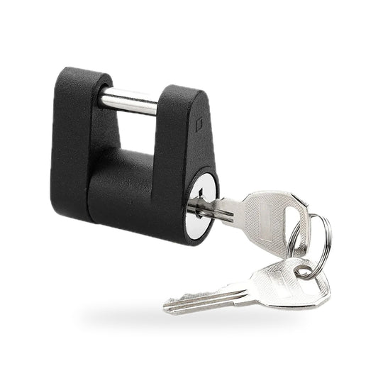 Black keyed trailer hitch coupler lock with a steel pin and two silver keys on a white background