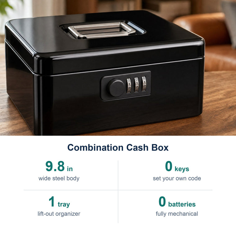 Combination Cash Box key facts: 9.8 in wide steel body; 0 keys set your own code; 1 tray lift-out organizer; 0 batteries fully mechanical