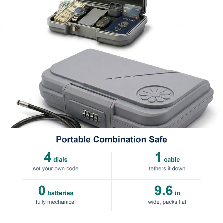 Portable Combination Safe key facts: 4 dials set your own code; 1 cable tethers it down; 0 batteries fully mechanical; 9.6 in wide, packs flat