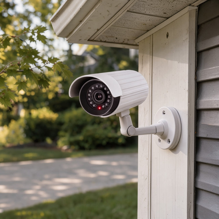 White dummy security camera with a red LED, mounted on the wall trim of a house above the driveway