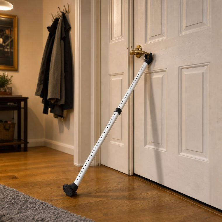 White adjustable door security bar braced from the floor up under the handle of a closed white front door