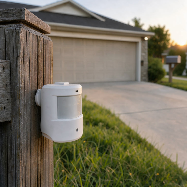 White wireless motion sensor screwed onto a wooden fence post beside a driveway, facing the street