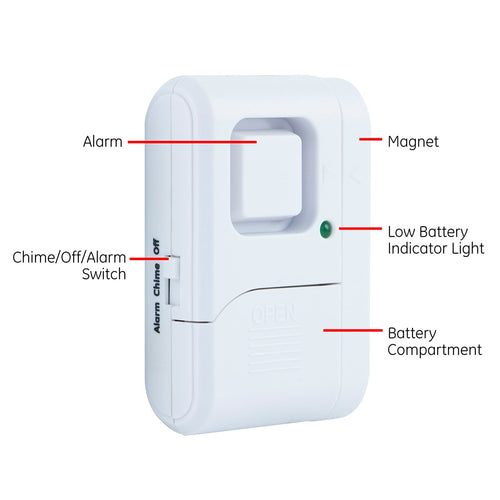 Labeled diagram of the door and window entry alarm showing the magnet, alarm switch and battery compartment
