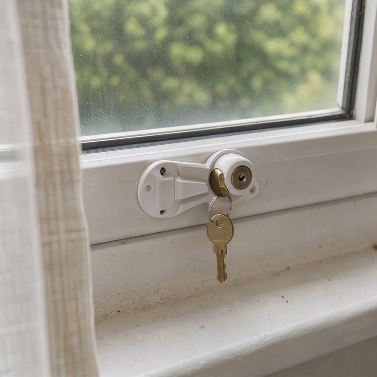 White keyed sash lock fitted on a white window rail, locked, with its brass key in the cylinder
