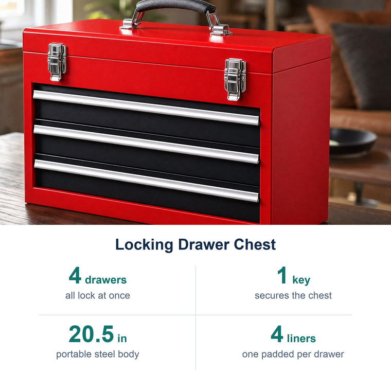 Locking Drawer Chest key facts: 4 drawers all lock at once; 1 key secures the chest; 20.5 in portable steel body; 4 liners one padded per drawer
