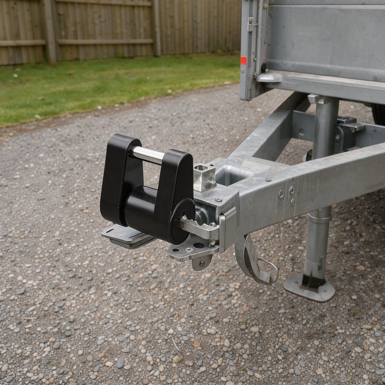 Black keyed coupler lock fitted on the ball-hitch coupler of a galvanized utility trailer on a gravel driveway