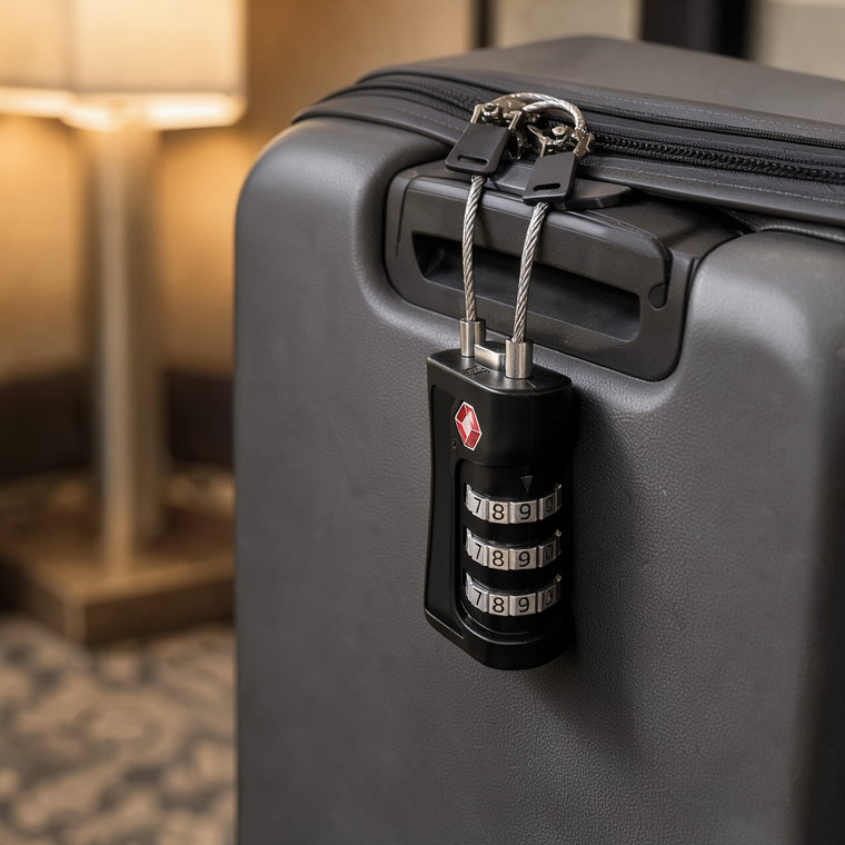 Black TSA combination lock with its cable through the zipper pulls of a grey hard-shell suitcase