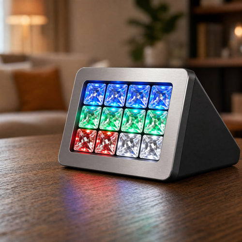 Compact TremShield fake TV simulator with a grid of glowing LED prisms
