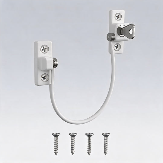 TremShield white window restrictor cable lock with release key and mounting screws