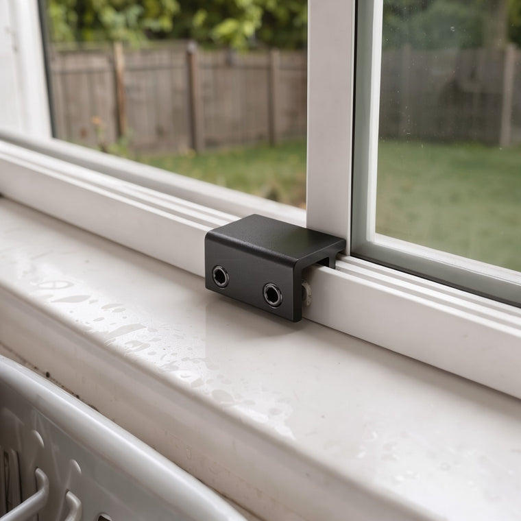Black window sash lock clamped on the bottom track of a white kitchen sliding window, butted against the closed pane
