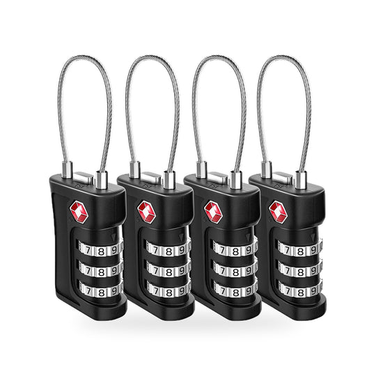 Four black TSA-accepted combination luggage locks with flexible steel cable shackles on a white background