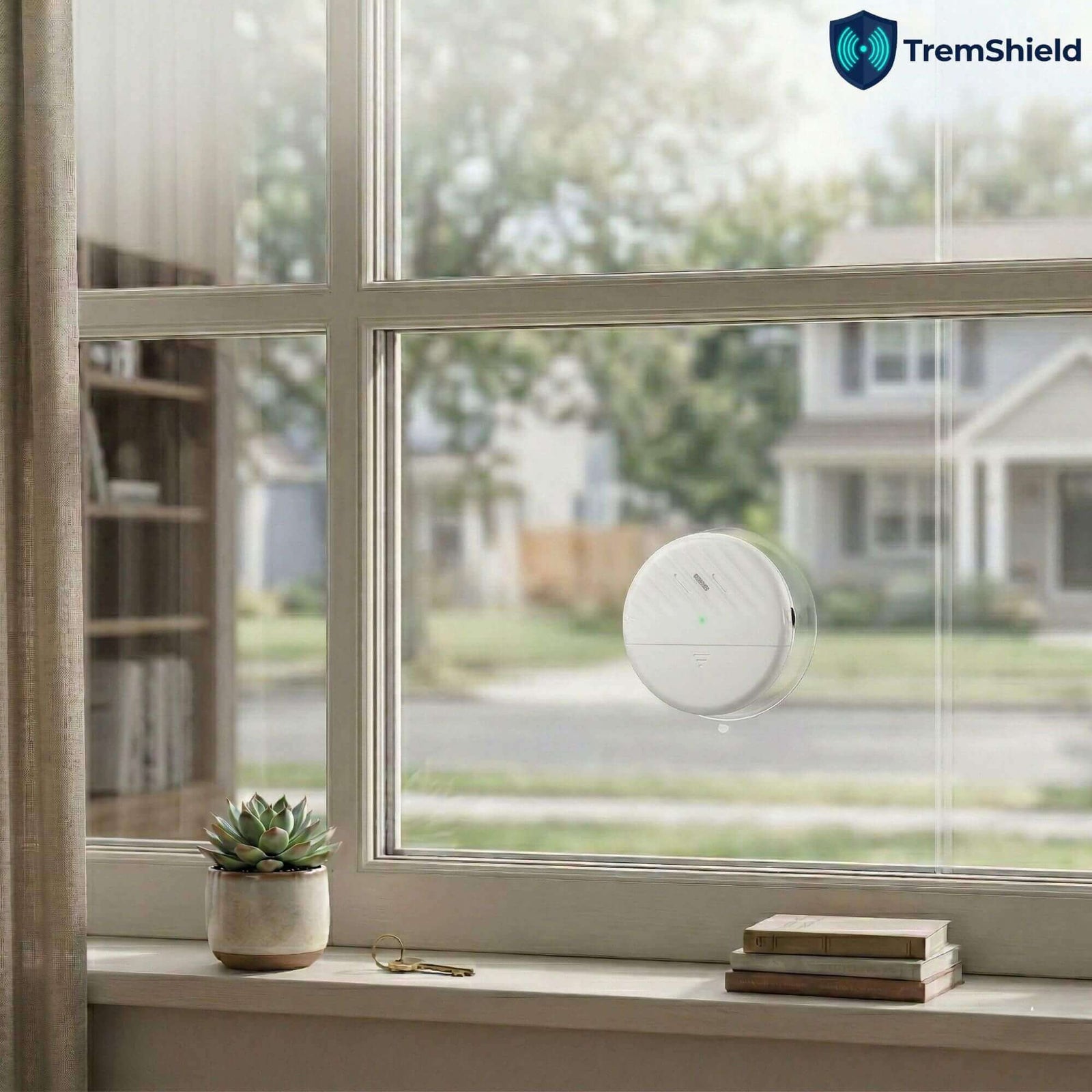 TremShield vibration alarm on a sunlit living room window, installed with adhesive and no drilling