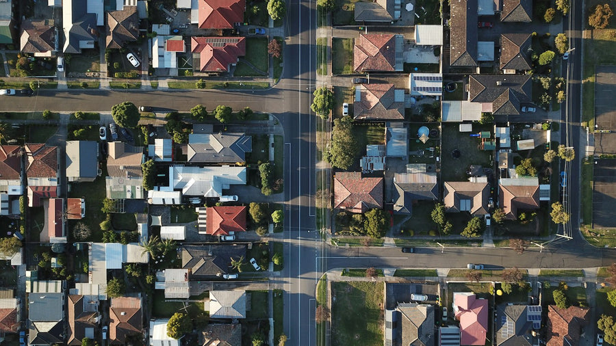 Aerial view of a suburban neighborhood: rows of houses with gardens on both sides of a street