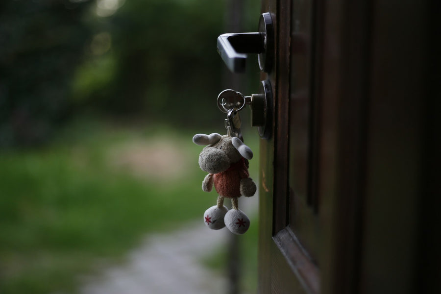 A house key left in the outside lock of a wooden front door, a small plush keyring hanging from it, garden path behind