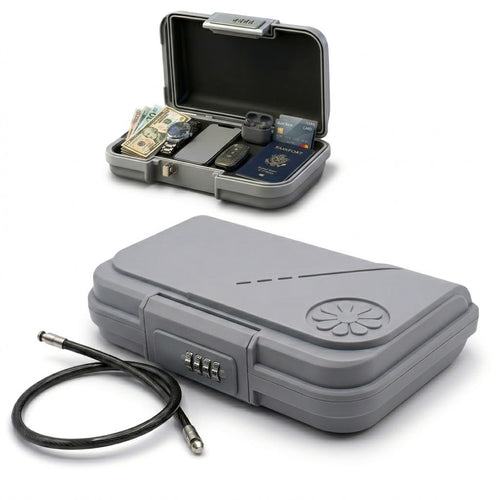 Gray mini portable safe with combination lock and cable, shown open holding cash, keys and a passport