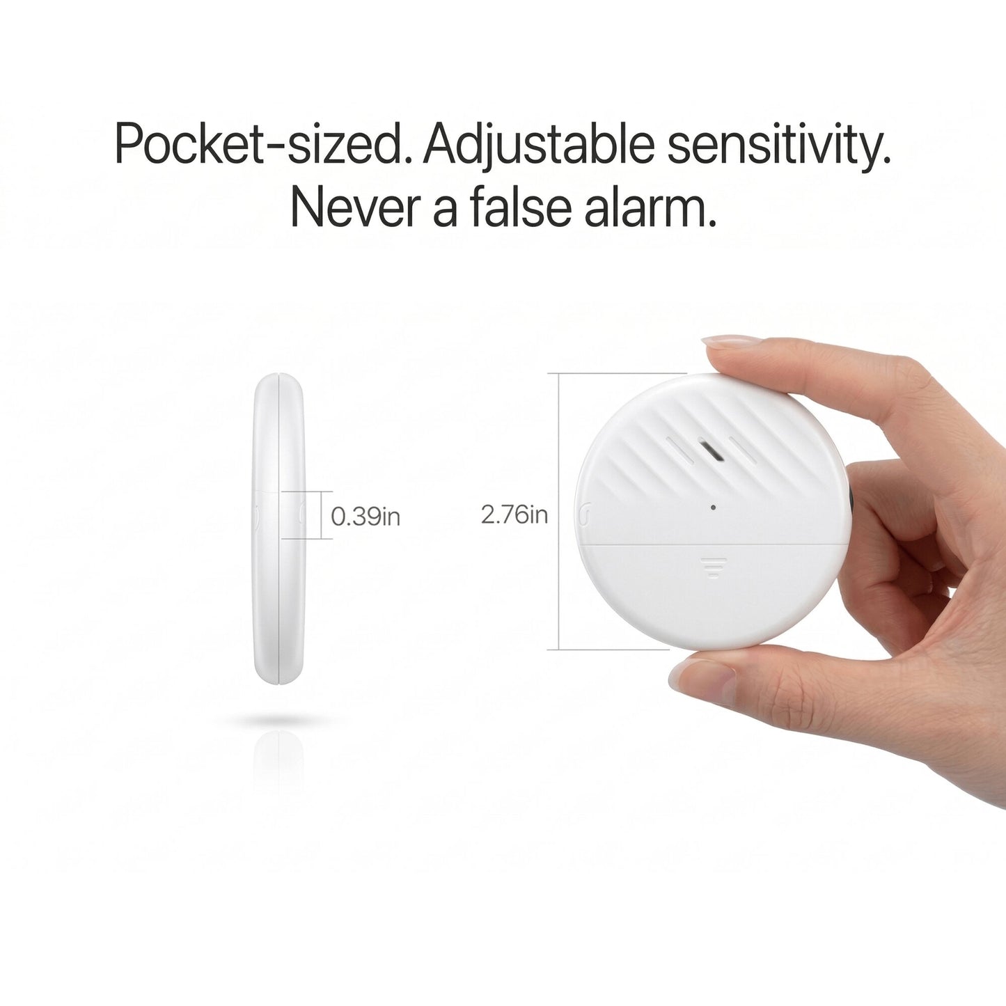 Small white glass vibration based alarm held by a hand with text about pocket-sized design and adjustable sensitivity.