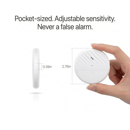 Small white glass vibration based alarm held by a hand with text about pocket-sized design and adjustable sensitivity.