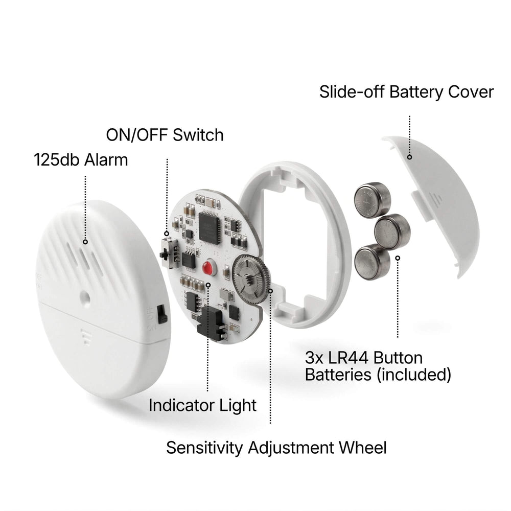Exploded view of the TremShield vibration alarm showing the 125dB siren, sensitivity wheel and three LR44 batteries