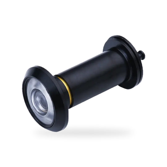 220° wide-angle door viewer peephole in black on a white background, showing its barrel and wide front flange
