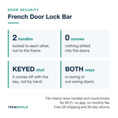 French door security bar spec card: two handles locked to each other, no screws, keyed shut, fits in-swing or out-swing doors