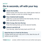 Four setup steps for the French door security bar: check the handles, pass it behind them, slide it snug, turn the key