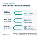 French door security bar size chart: Small 25 mm opening for slim levers, Medium 34 mm for most levers, Large 43 mm for knobs