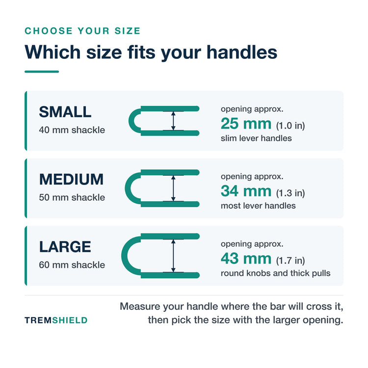 French door security bar size chart: Small 25 mm opening for slim levers, Medium 34 mm for most levers, Large 43 mm for knobs