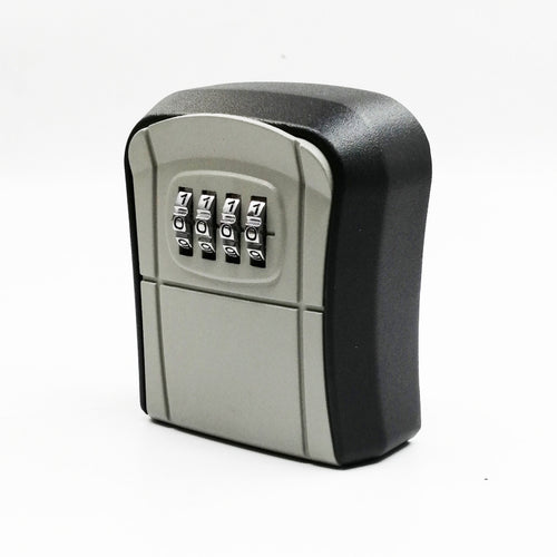Gray and black wall-mount key lock box with four combination dials on the front