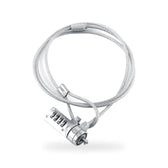 Laptop cable lock: a coiled steel cable with a loop and a 4-digit combination lock head, on a white background