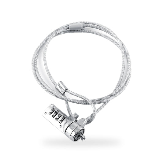 Laptop cable lock: a coiled steel cable with a loop and a 4-digit combination lock head, on a white background