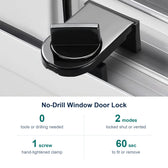 No-Drill Window Door Lock key facts: 0 tools or drilling needed; 2 modes locked shut or vented; 1 screw hand-tightened clamp; 60 sec to fit or remove