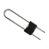 French door security bar: a chrome U-shaped bracket with two notched rails and a black keyed locking body clamped across them