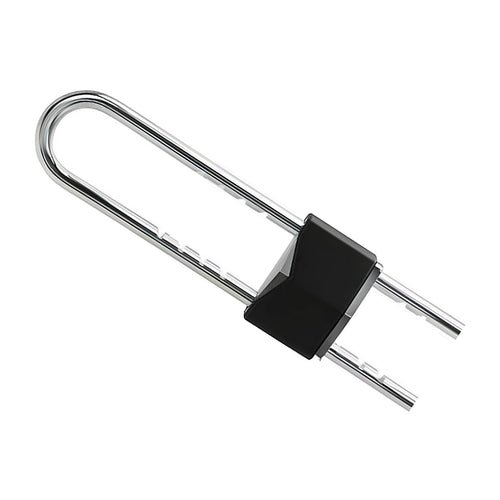 French door security bar: a chrome U-shaped bracket with two notched rails and a black keyed locking body clamped across them