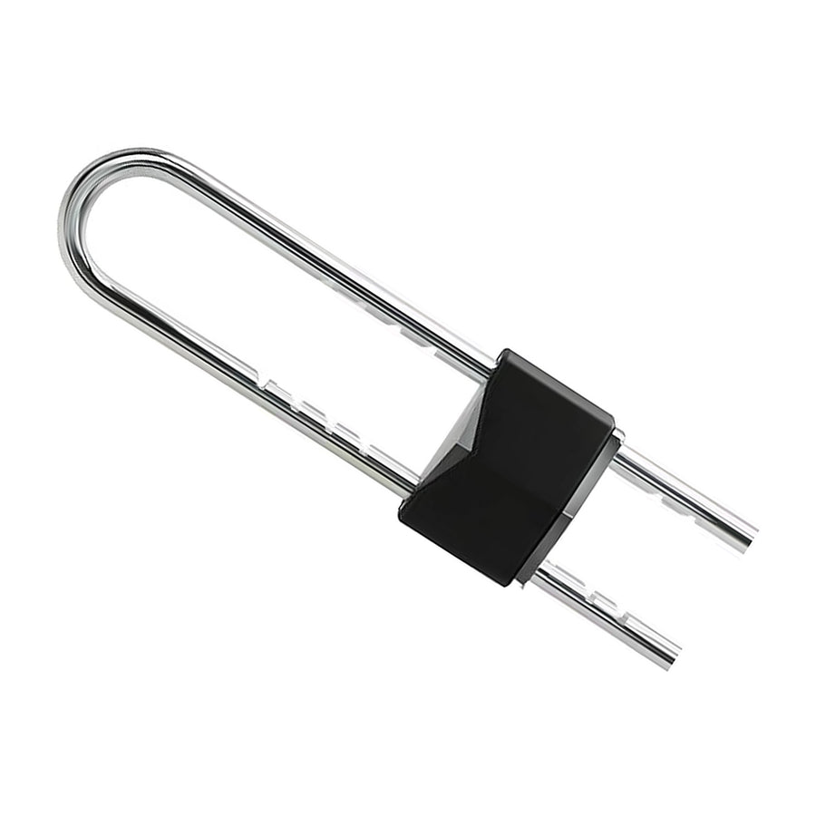 French door security bar: a chrome U-shaped bracket with two notched rails and a black keyed locking body clamped across them
