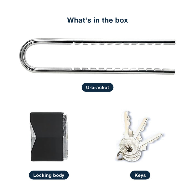 What is in the box: the chrome U-bracket with notched rails, the black locking body, and keys on a ring