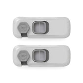 Two grey adhesive refrigerator locks with square slide buttons on a white background