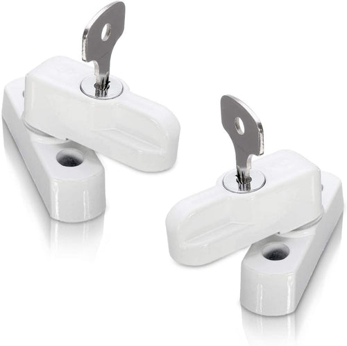 Two white zinc keyed sash jammers, each a pivoting arm on a two-screw base plate