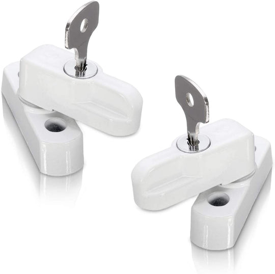 Two white zinc keyed sash jammers, each a pivoting arm on a two-screw base plate