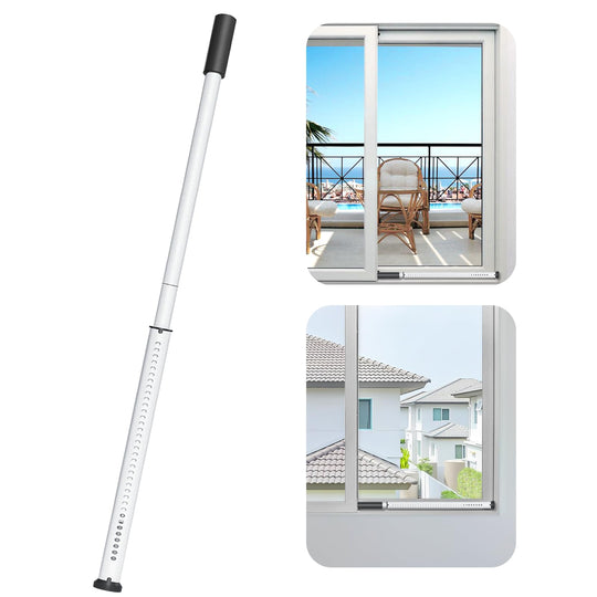 White adjustable security bar shown full length and installed in sliding glass door and window tracks